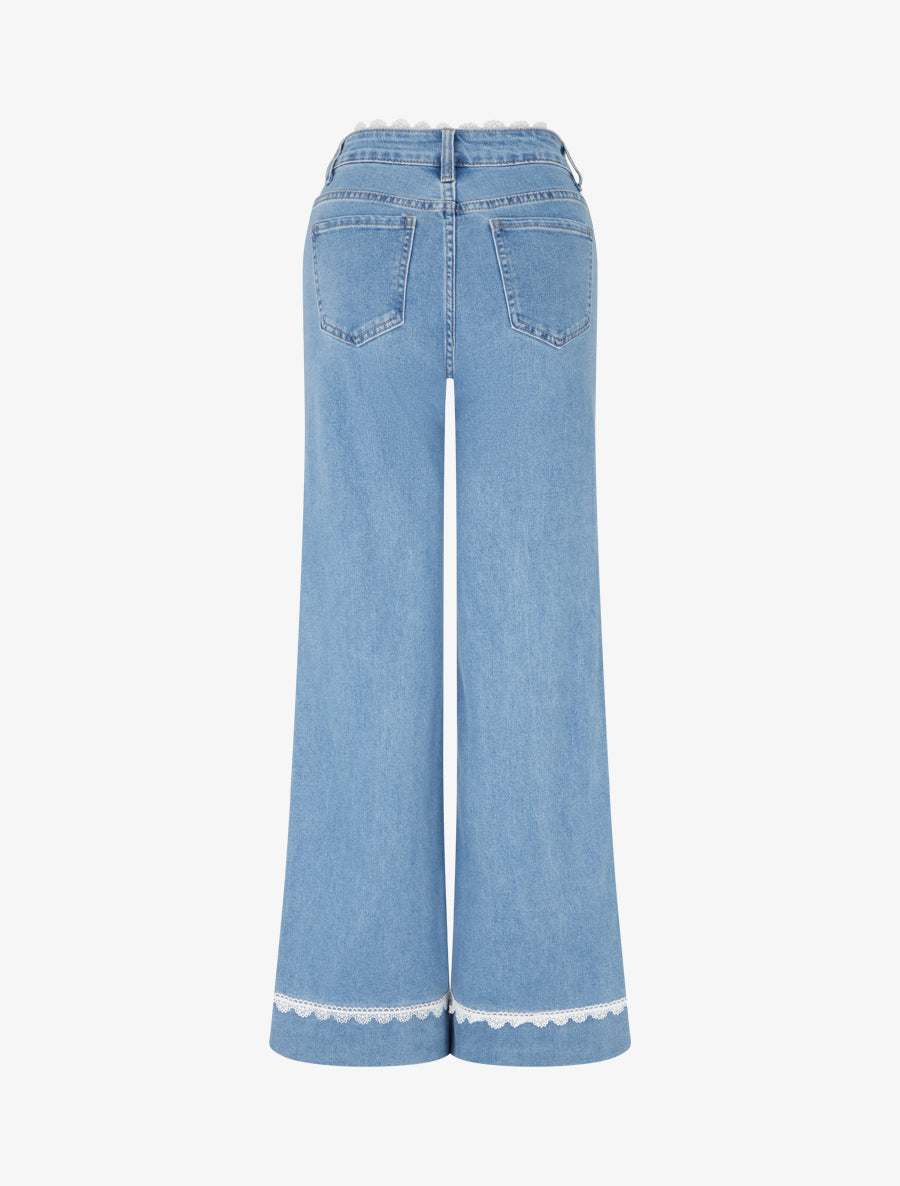 Jean droit taille et bords en dentelle - Bleu - 2