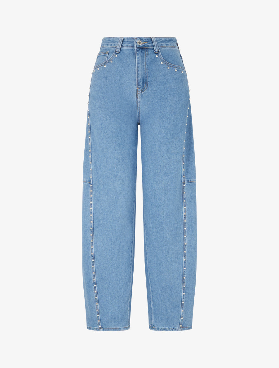 Jean wide leg clouté coupe droite - Bleu - 1