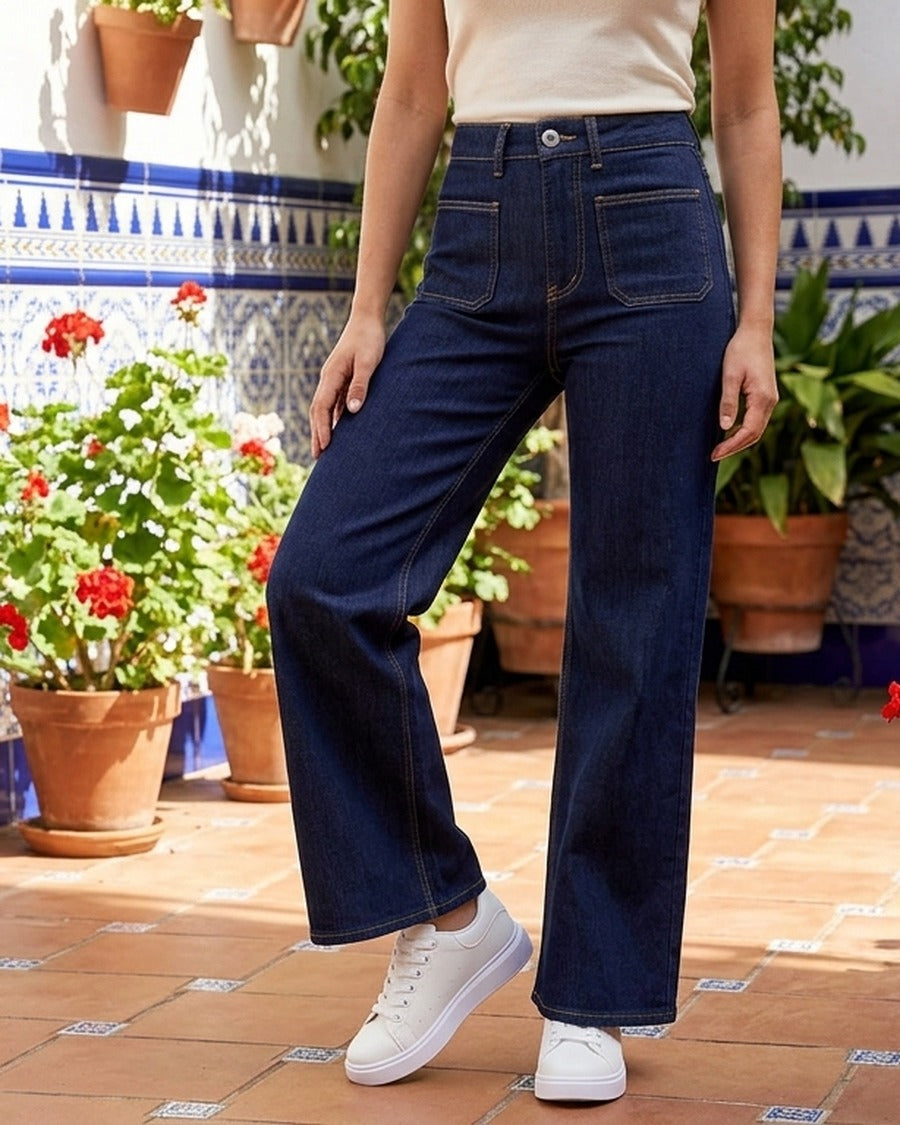 Jean droit à poches plaquées - Bleu brut