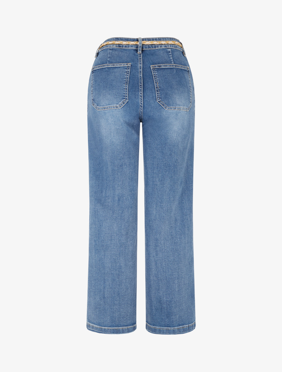 Jean à boutons décoratifs camélia coupe droite - Bleu - 2