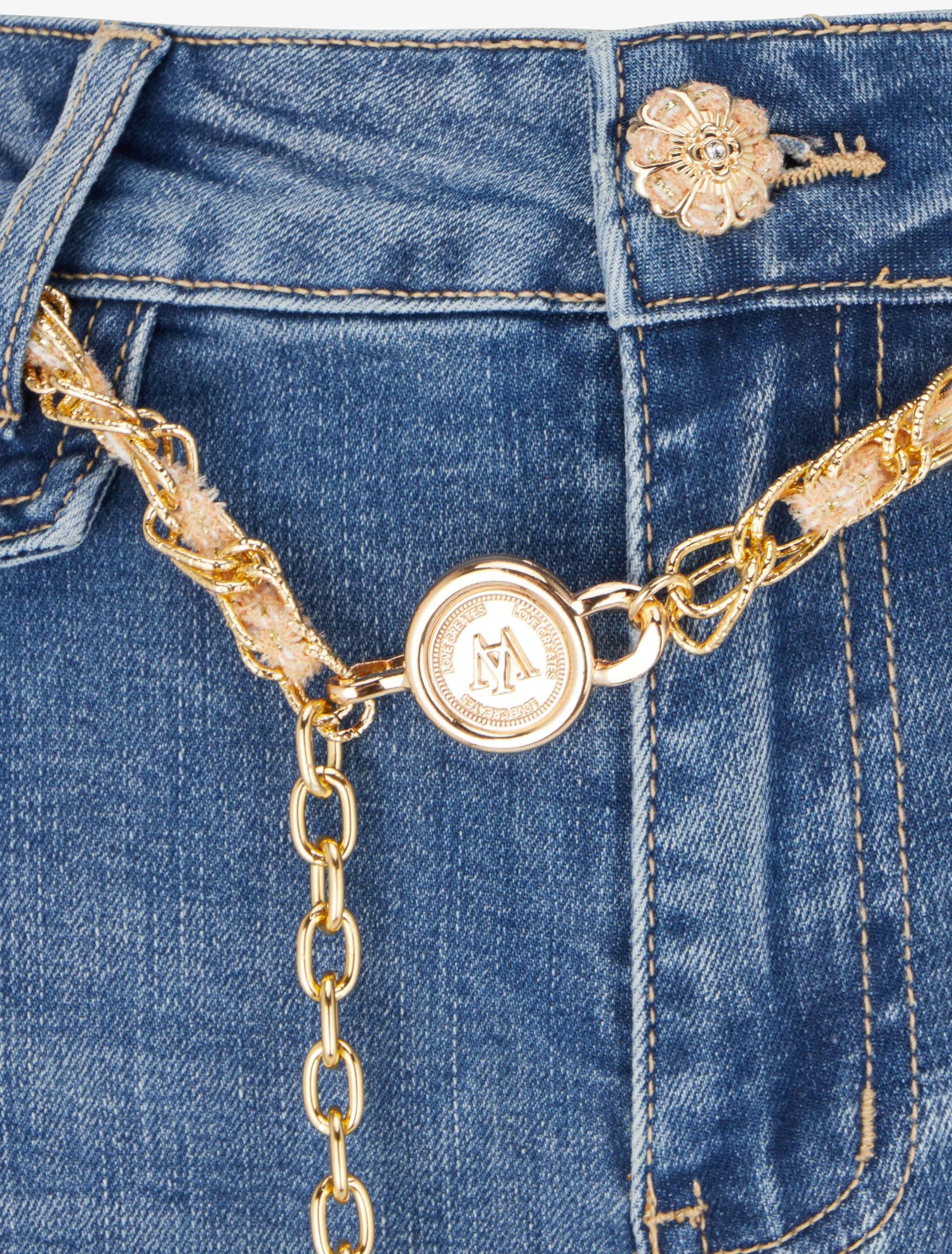 Jean à boutons décoratifs camélia coupe droite - Bleu - 3